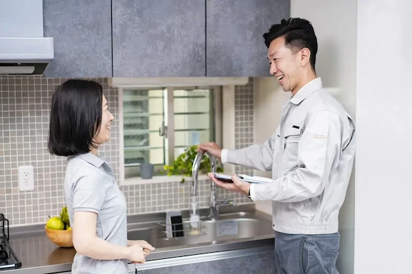 キッチンにて女性のお客様と会話する水道修理スタッフ